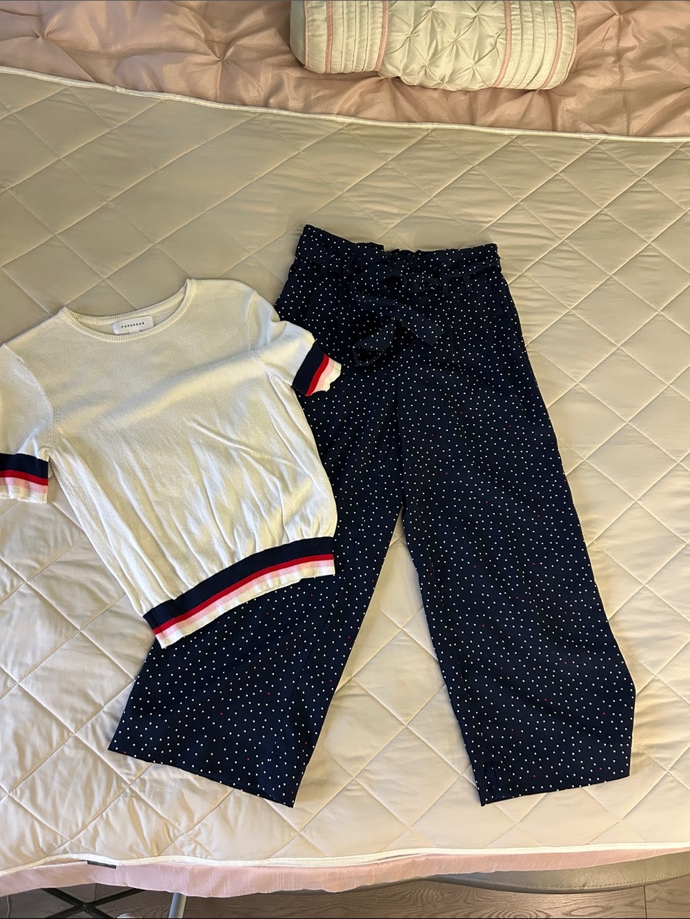 POPSUGAR White Short-Sleeve Knit Top with Navy Polka Dot Pillotzo Pants